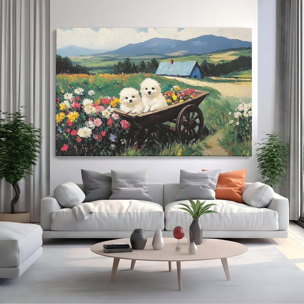 Tablou canvas cu tablou canvas cu catelusi intr-o roaba, fara rama, pe sasiu de lemn, pe perete intr-un living